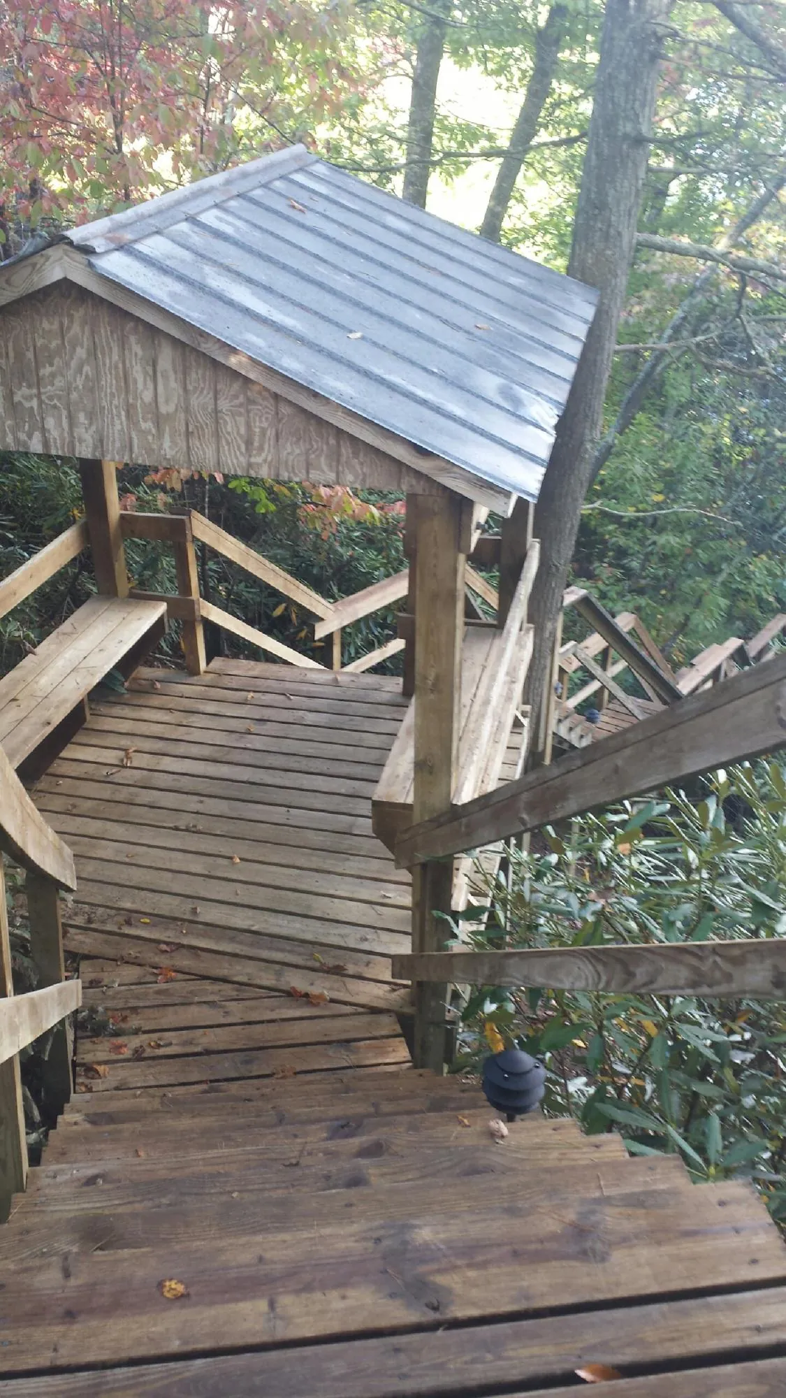 Metal roofed shelter over wooden steps on a wooded walkway — Skylight Repair & Installation work by our crew in Curlew
